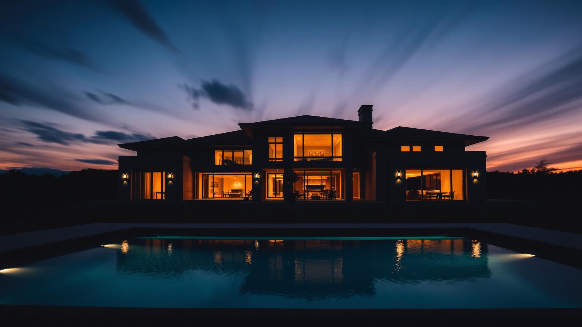 Luxury modern estate at dusk with reflecting pool